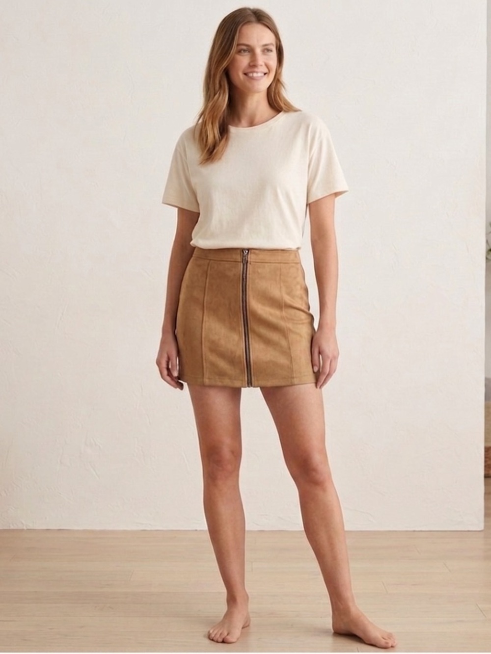 Belilivera Tan Suede-Look Front-Zip Mini Skirt
